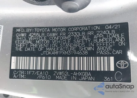 2021 Toyota Prius Prime Xle from USA, damaged, VIN JTDKAMFPXM3194638